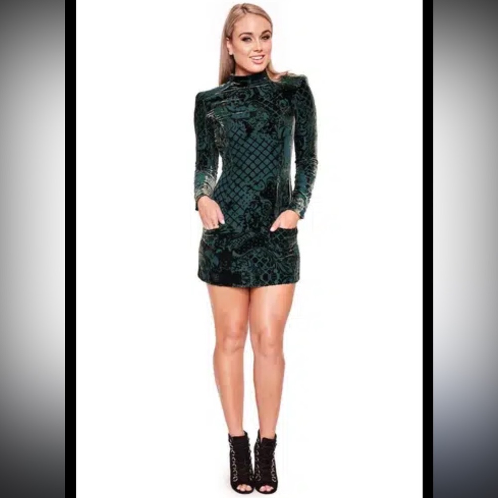 Balmain X H&M Green‎ Silk Viscose Velvet Floral High Neck Chic Mini Dress NWT 6 - Picture 4 of 16